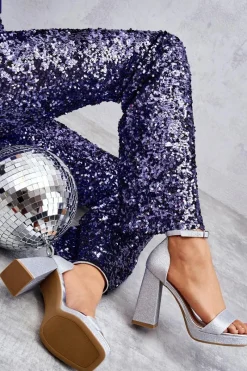 Sandały Na Obcasie></noscript>Boto Błyszczące Sandałki Na Masywnym Obcasie Srebrne Calmi Srebrny