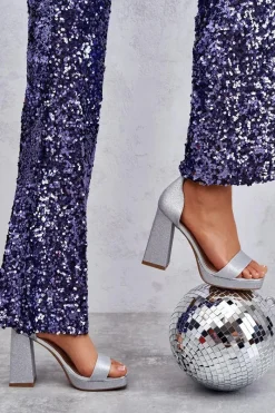 Sandały Na Obcasie></noscript>Boto Błyszczące Sandałki Na Masywnym Obcasie Srebrne Calmi Srebrny