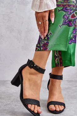 Clearance Błyszczące Sandałki Na Obcasie Czarne Maxim Damskie Sandały Na Obcasie