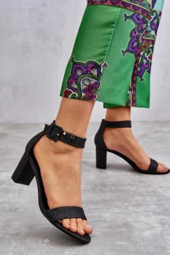 Clearance Błyszczące Sandałki Na Obcasie Czarne Maxim Damskie Sandały Na Obcasie