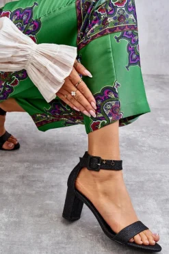 Clearance Błyszczące Sandałki Na Obcasie Czarne Maxim Damskie Sandały Na Obcasie