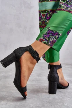 Clearance Błyszczące Sandałki Na Obcasie Czarne Maxim Damskie Sandały Na Obcasie