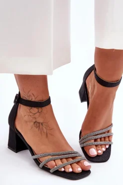 Best Boto Błyszczące Sandałki Na Obcasie Czarne Enenor