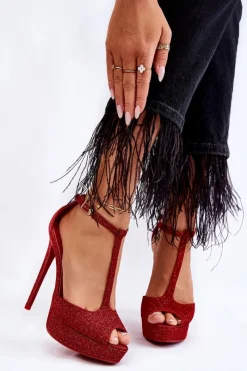 Sale Błyszczące Sandałki Na Wysokim Obcasie Czerwone Marisha Damskie Sandały Na Obcasie