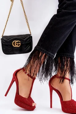 Sale Błyszczące Sandałki Na Wysokim Obcasie Czerwone Marisha Damskie Sandały Na Obcasie