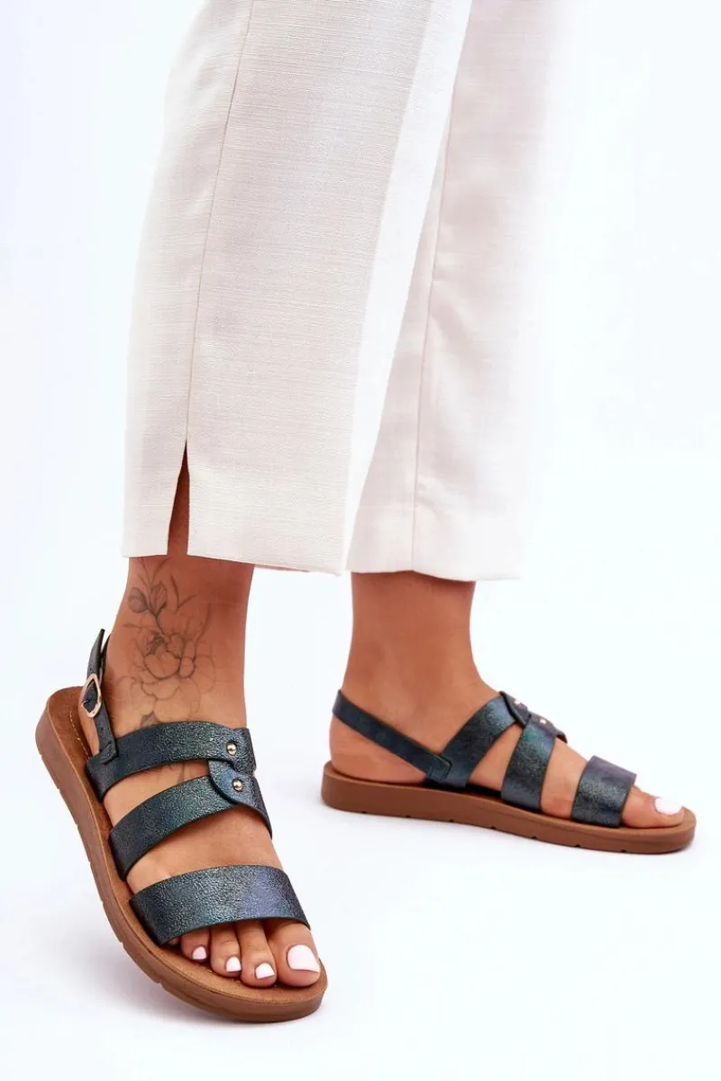 Sandały Płaskie>Boto Błyszczące Sandały Damskie Ciemnozielone Catalia