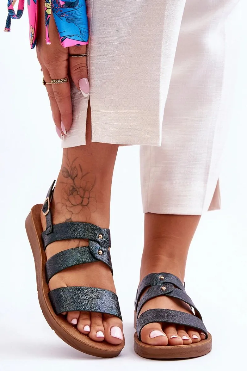 Sandały Płaskie>Boto Błyszczące Sandały Damskie Ciemnozielone Catalia