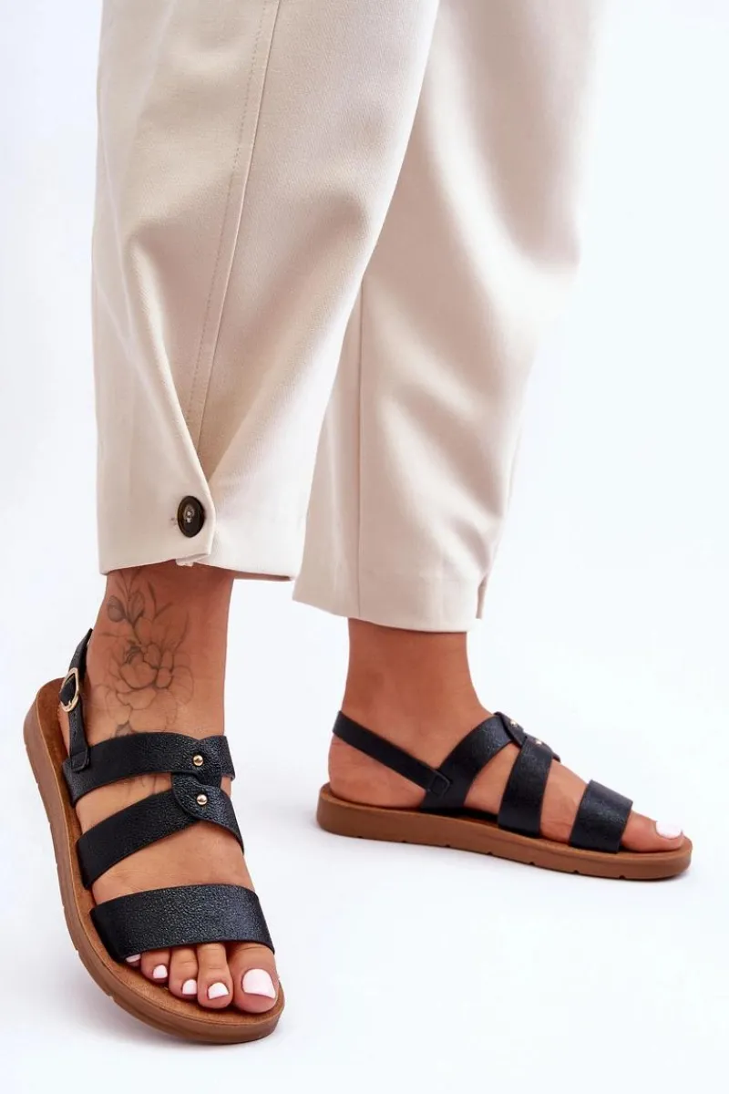 Sandały Płaskie>Boto Błyszczące Sandały Damskie Czarne Catalia