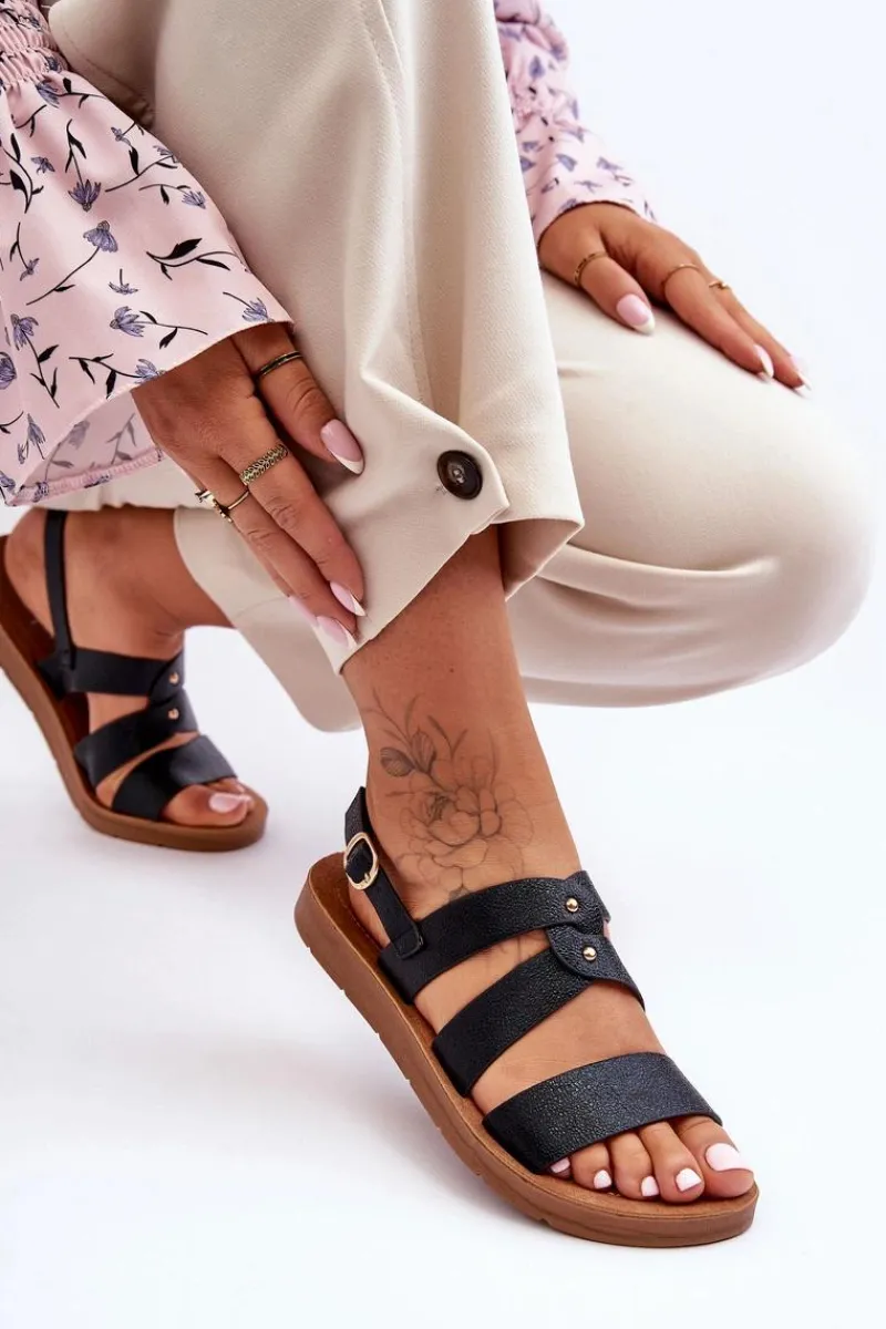 Sandały Płaskie>Boto Błyszczące Sandały Damskie Czarne Catalia