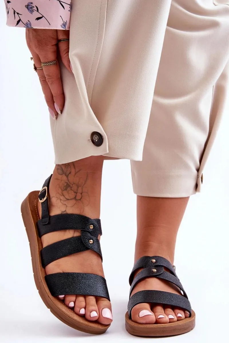 Sandały Płaskie>Boto Błyszczące Sandały Damskie Czarne Catalia