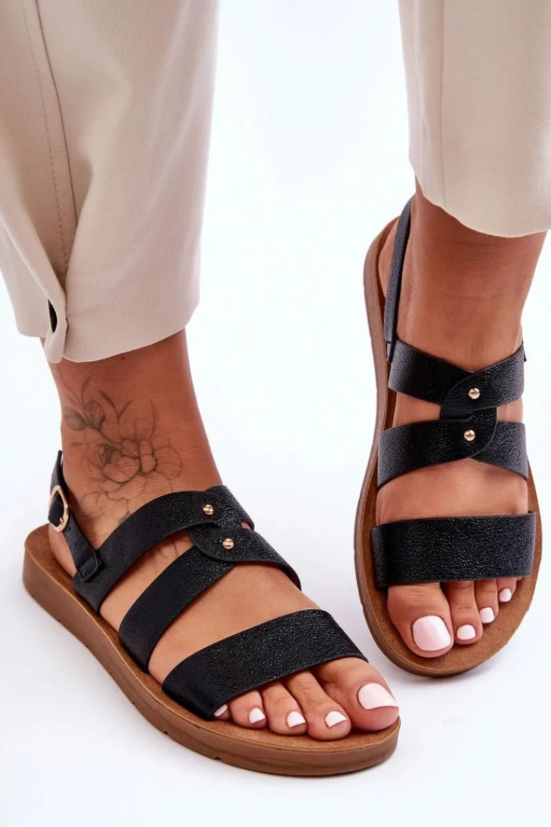 Sandały Płaskie>Boto Błyszczące Sandały Damskie Czarne Catalia