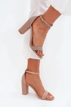 Sandały Na Słupku|Sandały Na Obcasie></noscript>Boto Błyszczące Sandały Damskie Na Słupku Różowe Złoto Kavina Złoty