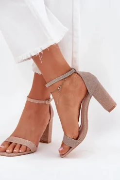 Sandały Na Słupku|Sandały Na Obcasie></noscript>Boto Błyszczące Sandały Damskie Na Słupku Różowe Złoto Kavina Złoty