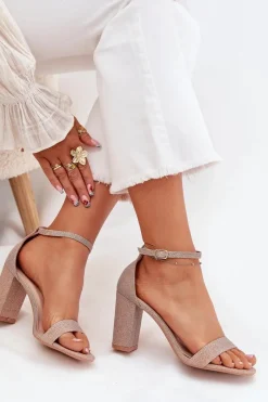 Sandały Na Słupku|Sandały Na Obcasie></noscript>Boto Błyszczące Sandały Damskie Na Słupku Różowe Złoto Kavina Złoty