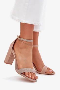 Sandały Na Słupku|Sandały Na Obcasie></noscript>Boto Błyszczące Sandały Damskie Na Słupku Różowe Złoto Kavina Złoty