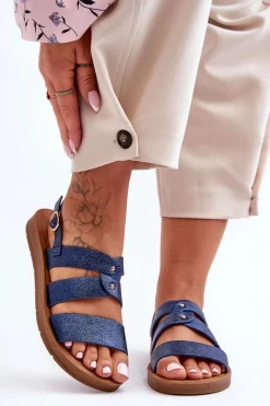 Best Błyszczące Sandały Damskie Niebieskie Catalia Damskie Sandały Płaskie