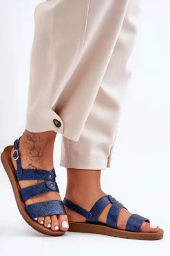 Best Błyszczące Sandały Damskie Niebieskie Catalia Damskie Sandały Płaskie