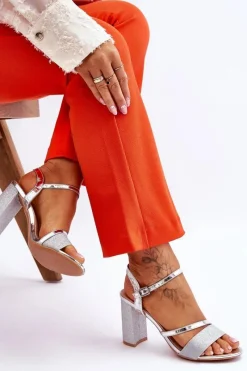 Hot Błyszczące Sandały Na Obcasie Srebrne Alicia Damskie Sandały Na Obcasie