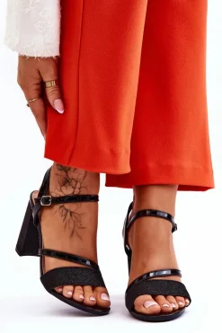 Online Błyszczące Sandały Na Obcasie Czarne Alicia Damskie Sandały Na Obcasie