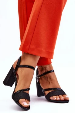 Online Błyszczące Sandały Na Obcasie Czarne Alicia Damskie Sandały Na Obcasie