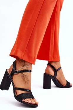 Online Błyszczące Sandały Na Obcasie Czarne Alicia Damskie Sandały Na Obcasie