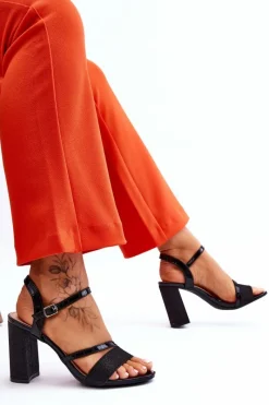 Online Błyszczące Sandały Na Obcasie Czarne Alicia Damskie Sandały Na Obcasie