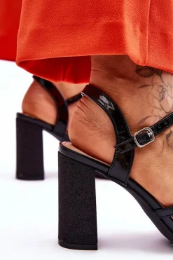 Online Błyszczące Sandały Na Obcasie Czarne Alicia Damskie Sandały Na Obcasie