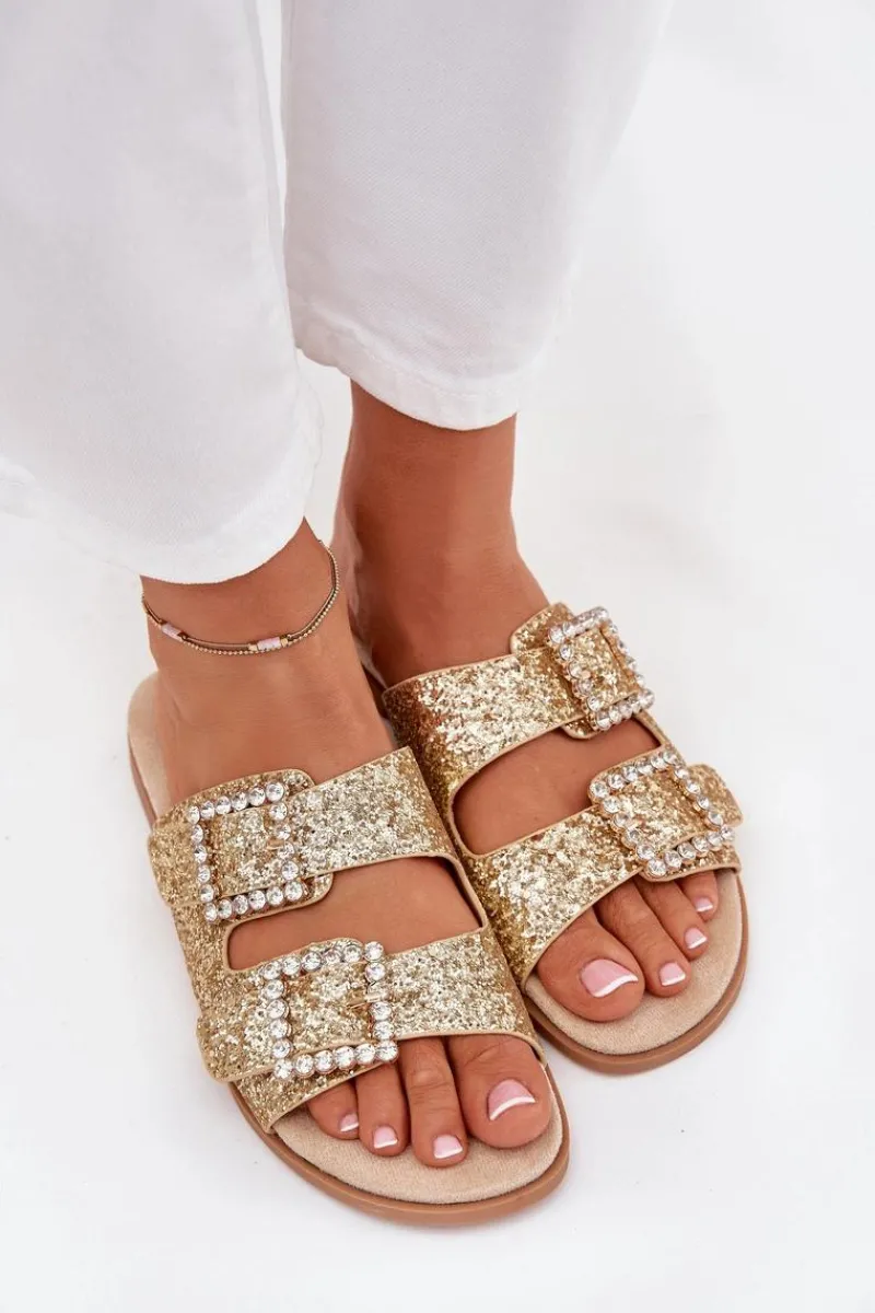 New Błyszczące Zdobione Klapki Z Klamrami Na Płaskim Obcasie Złote Tovira Damskie Klapki Damskie Klasyczne