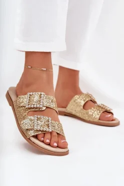 New Błyszczące Zdobione Klapki Z Klamrami Na Płaskim Obcasie Złote Tovira Damskie Klapki Damskie Klasyczne