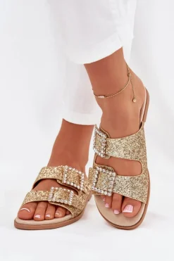 New Błyszczące Zdobione Klapki Z Klamrami Na Płaskim Obcasie Złote Tovira Damskie Klapki Damskie Klasyczne