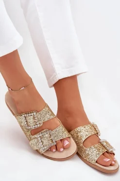 New Błyszczące Zdobione Klapki Z Klamrami Na Płaskim Obcasie Złote Tovira Damskie Klapki Damskie Klasyczne