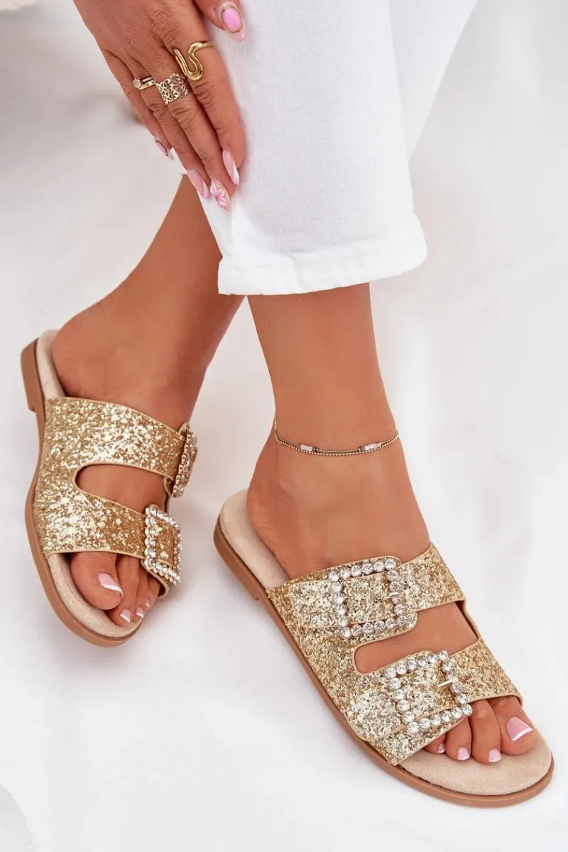 New Błyszczące Zdobione Klapki Z Klamrami Na Płaskim Obcasie Złote Tovira Damskie Klapki Damskie Klasyczne