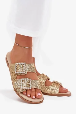 New Błyszczące Zdobione Klapki Z Klamrami Na Płaskim Obcasie Złote Tovira Damskie Klapki Damskie Klasyczne