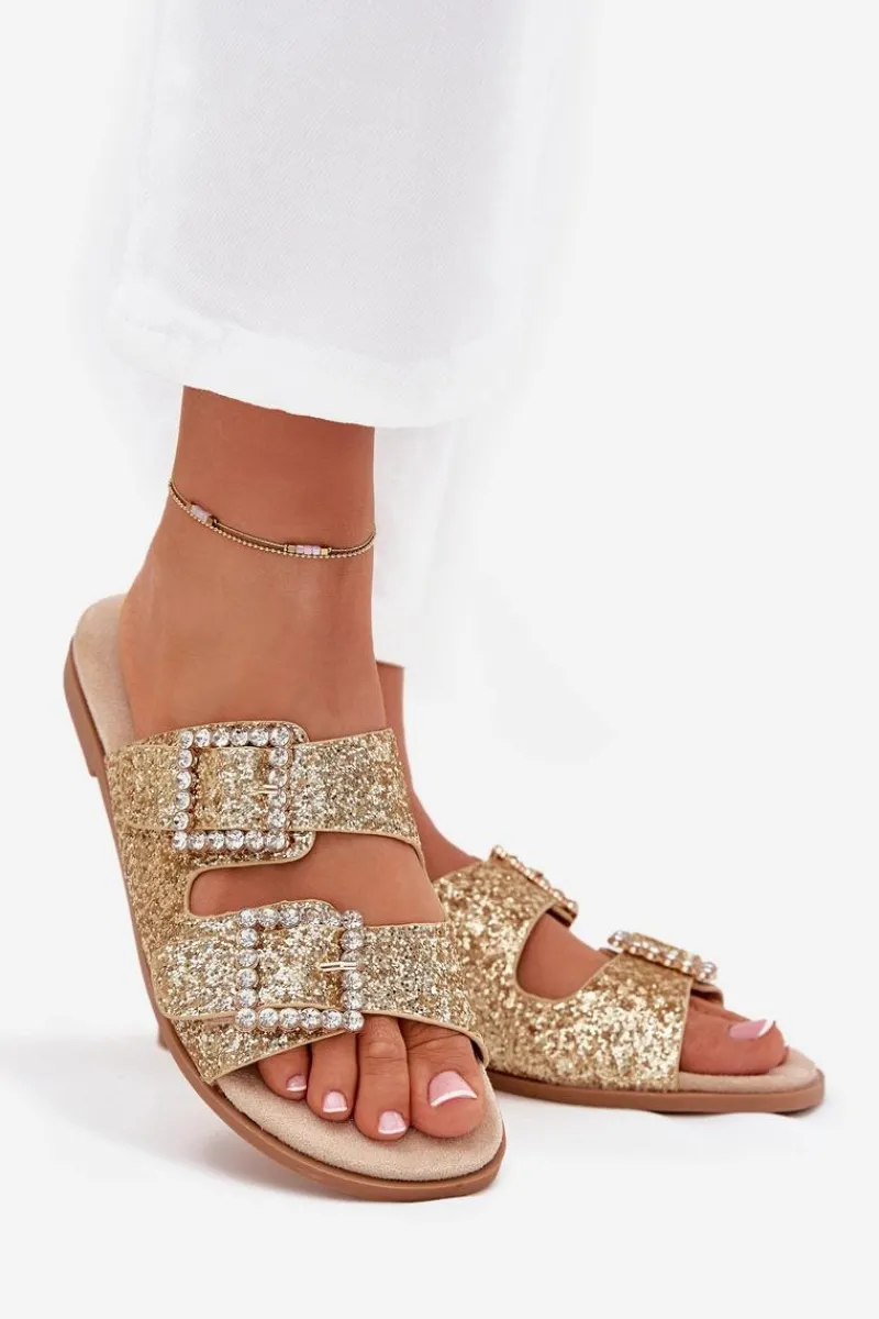 New Błyszczące Zdobione Klapki Z Klamrami Na Płaskim Obcasie Złote Tovira Damskie Klapki Damskie Klasyczne