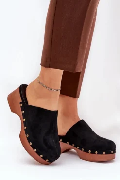 Boto Chodaki Klapki Damskie Z Ćwiekami Eko Zamszowe Czarne Ellason Czarny