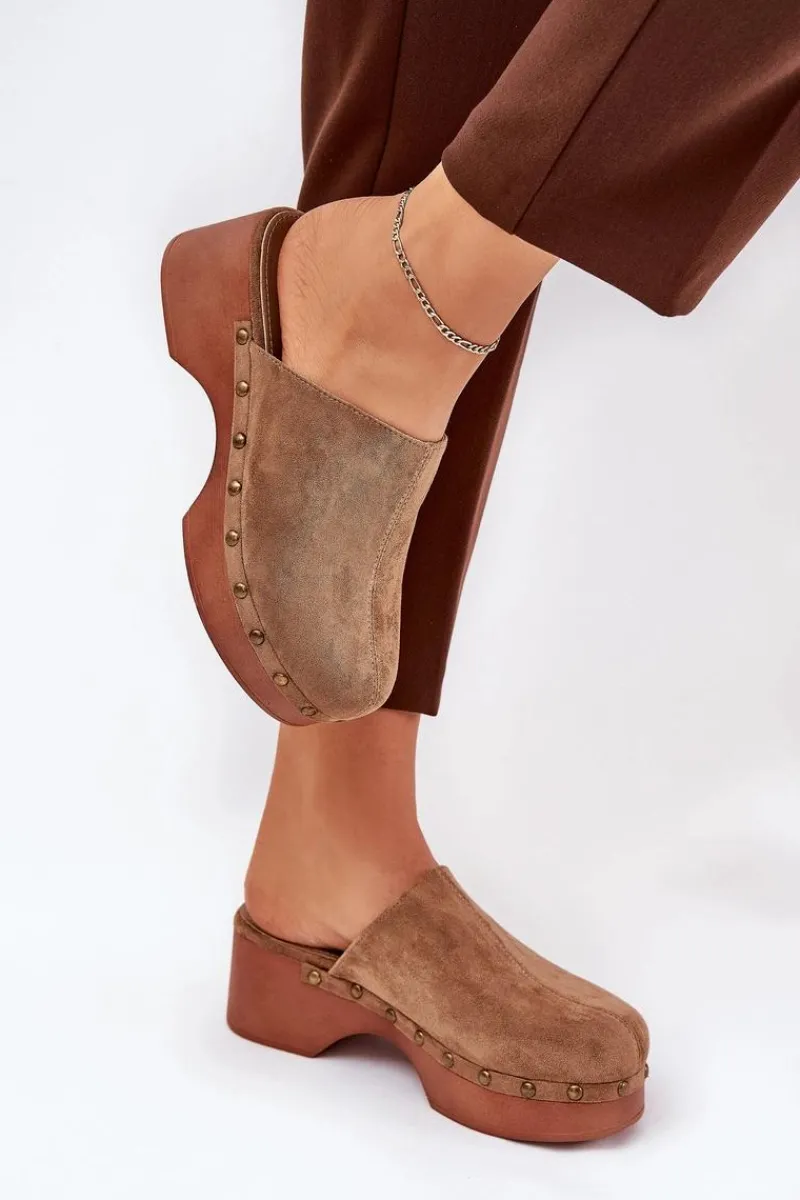 Boto Chodaki Klapki Damskie Z Ćwiekami Eko Zamszowe Camel Ellason