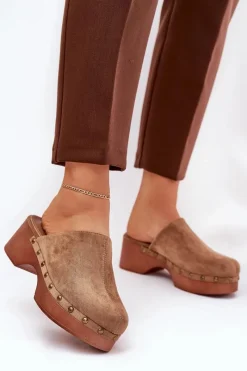 Boto Chodaki Klapki Damskie Z Ćwiekami Eko Zamszowe Camel Ellason