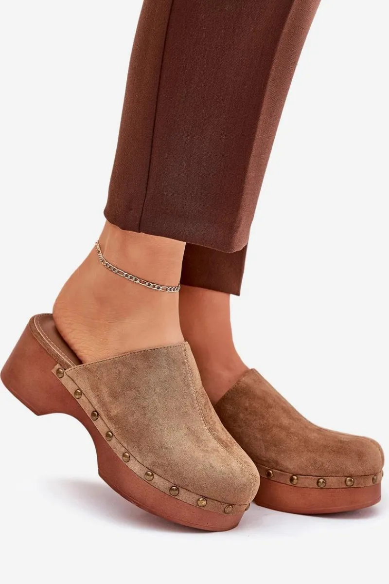 Boto Chodaki Klapki Damskie Z Ćwiekami Eko Zamszowe Camel Ellason