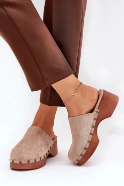 Klapki Na Koturnie|Klapki Na Platformie>Boto Chodaki Klapki Damskie Z Ćwiekami Eko Zamszowe Beżowe Ellason