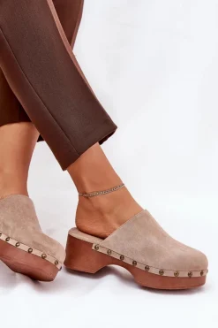 Klapki Na Koturnie|Klapki Na Platformie>Boto Chodaki Klapki Damskie Z Ćwiekami Eko Zamszowe Beżowe Ellason