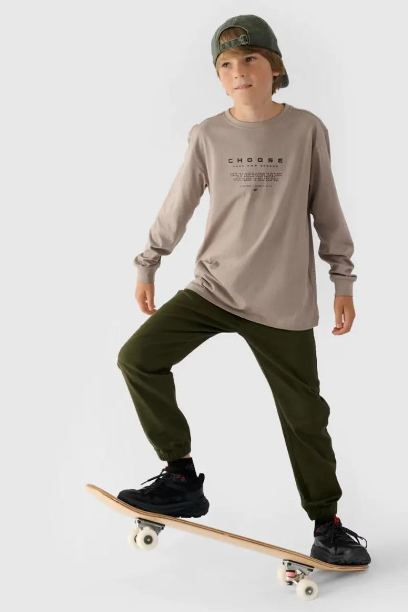 Online Chłopięce Spodnie Joggery Casual Gładkie JWMM00TTROM0812-43S Khaki Dzieci Spodnie Dziecięce|Odzież 4F