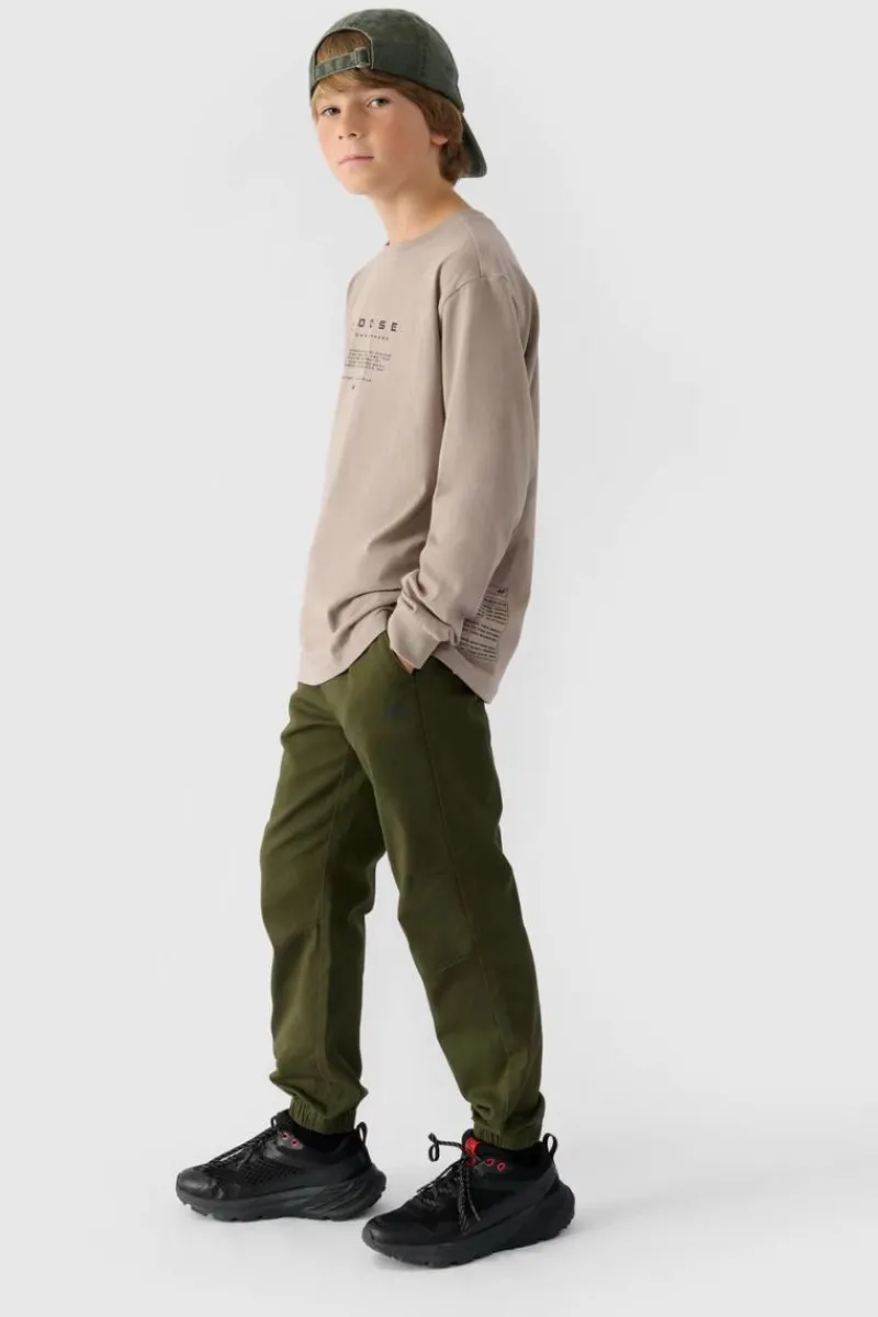 Online Chłopięce Spodnie Joggery Casual Gładkie JWMM00TTROM0812-43S Khaki Dzieci Spodnie Dziecięce|Odzież 4F
