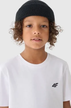 Discount 4F Chłopięcy T-shirt Gładki Bawełniany Biały JWMM00TTSHM1626-10S