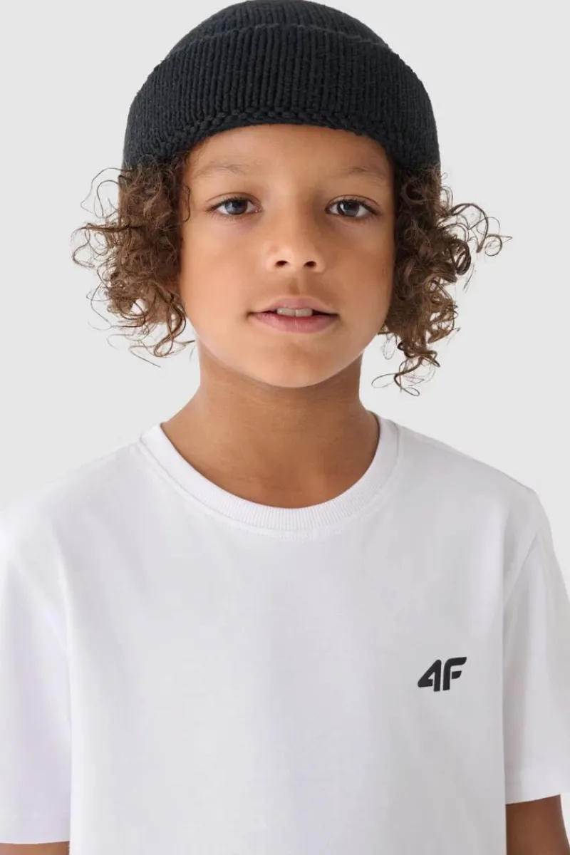 Discount 4F Chłopięcy T-shirt Gładki Bawełniany Biały JWMM00TTSHM1626-10S