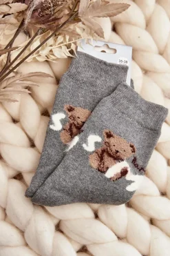Hot Ciepłe Bawełniane Skarpety Z Misiem Ciemnoszare Skarpetki|Skarpetki