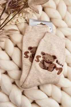 Outlet Ciepłe Bawełniane Skarpety Z Misiem Beżowe Skarpetki|Skarpetki