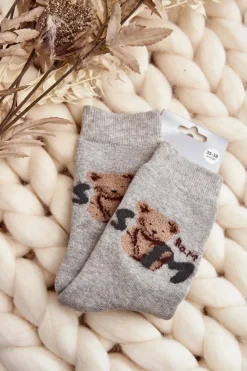 Skarpetki|Skarpetki>Aura.via Ciepłe Bawełniane Skarpety Z Misiem Szare Szary