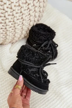 Discount Boto Ciepłe Botki Śniegowce Dziecięce Wiązane Czarne Asija Czarny