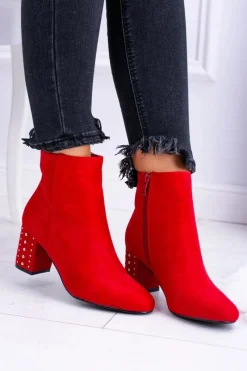 Ciepłe Damskie Botki Na Słupku Czerwone Jokasta Damskie Botki Na Słupku|Botki Zimowe Damskie