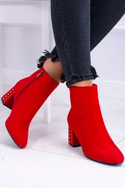 Ciepłe Damskie Botki Na Słupku Czerwone Jokasta Damskie Botki Na Słupku|Botki Zimowe Damskie